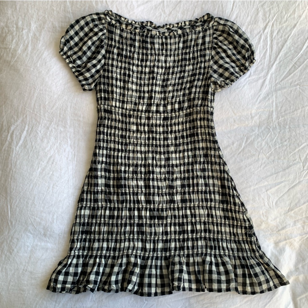 Doen Rizzo Linen Smocked Boat Neck Short Puff Sleeve Mini Dress Marilyn Gingham - Picture 8 of 15